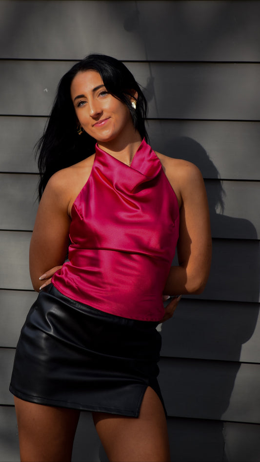 Draping High Neck Satin Top Berry