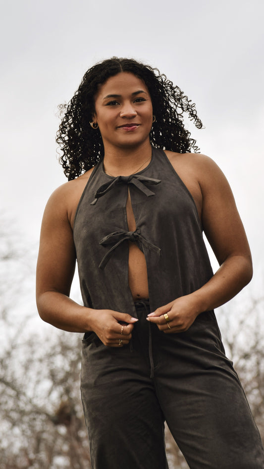 Two Bows Faux Suede Top Charcoal